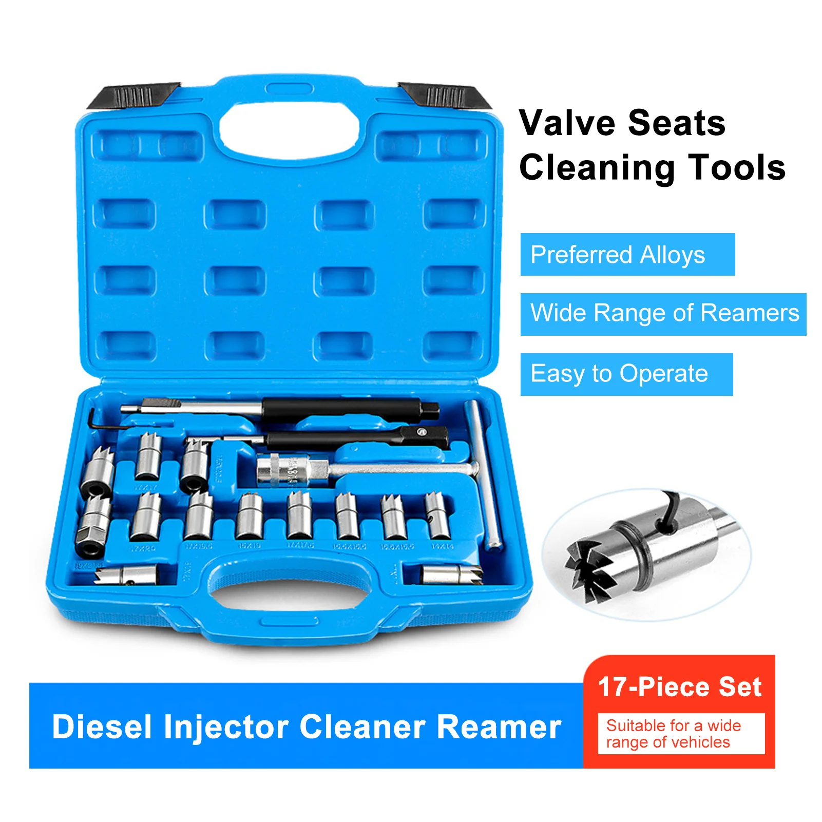 

17Pcs Diesel Injector Set Seat Cutter Cleaner Disassemble Tool Kit Universal Injector Re-Face Reamer Tool Set Valve Seat Cutter