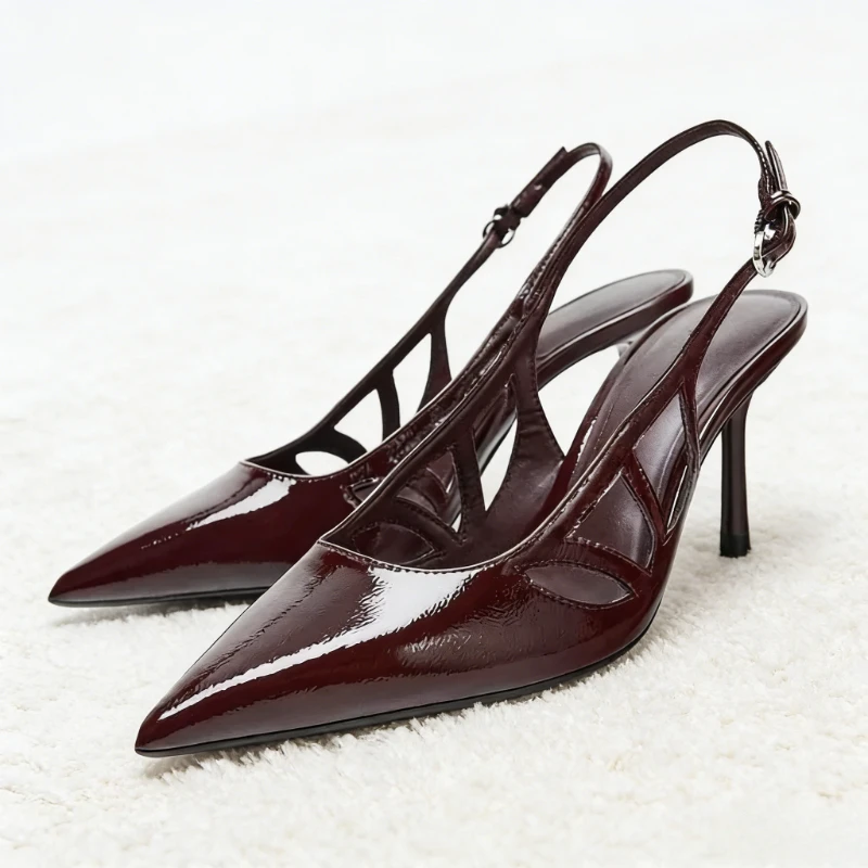 

Элегантные женские туфли на высоком каблуке с острым носком и ремешком сзади, модные дизайнерские туфли из лакированной кожи на тонком каблуке, пикантные банкетные модельные туфли