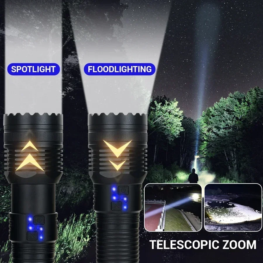 Linterna LED de alta potencia, linterna de emergencia con zoom variable remoto ultrabrillante para uso en exteriores, pantalla de alimentación de linterna