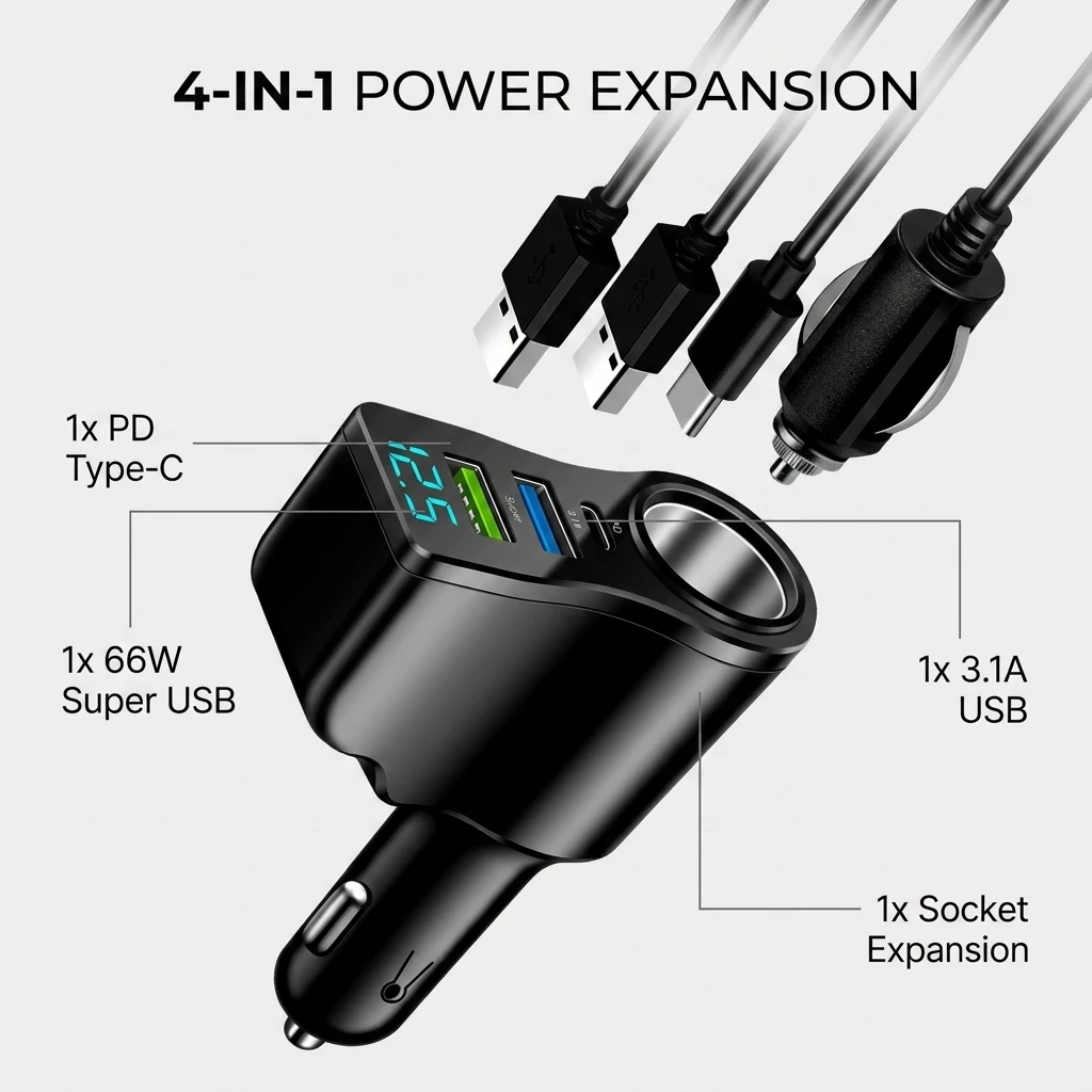 66W Car Charger JMG-M10 PD Fast Charging Adapter with Digital Display Dual USB Type-C Cigarette Lighter Socket Splitter