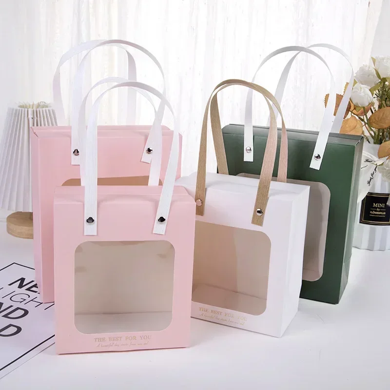 

Transparent Window Handheld Box Holiday Gift Candy Wedding Companion Gift Bag White Creative Bouquet Portable Packaging Boxes