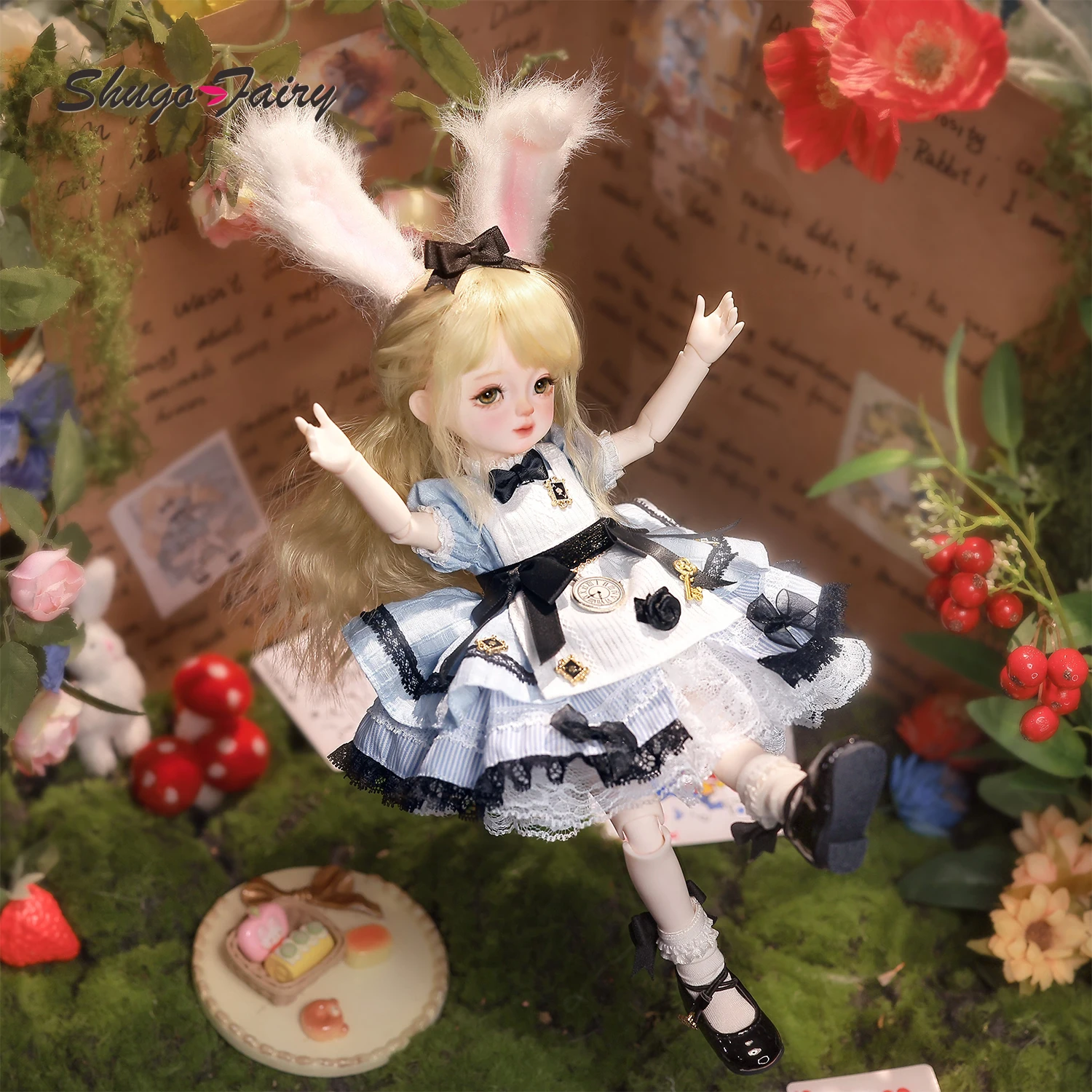 ShugaFairy Yenny E 1/6 BJD - قصص شعر مجعد للأميرة 30 سم مجموعة كاملة من شخصيات الرسوم المتحركة الجنية مع غطاء رأس وأذن أرنب