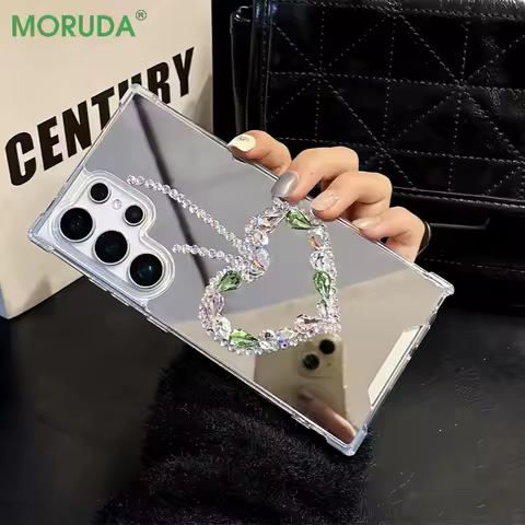 Luxury Diamond Love Heart Case For Samsung Galaxy S25ultra S21 S22 S23 S24 Ultra Plus FE Shockproof Bumper Makeup Mirror Cover