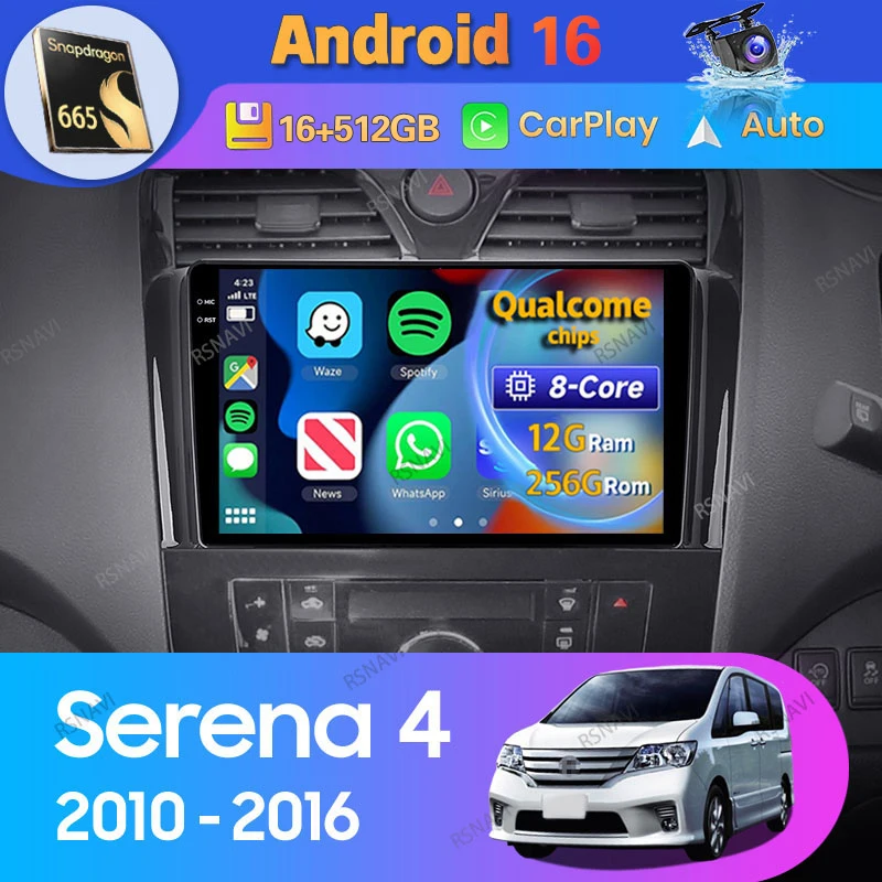 Android 16 Carplay Auto For Nissan Serena 4 C26 2010 2011 - 2016 Car Radio GPS Navigation Video Player Head Unit BT 2 Din Stereo