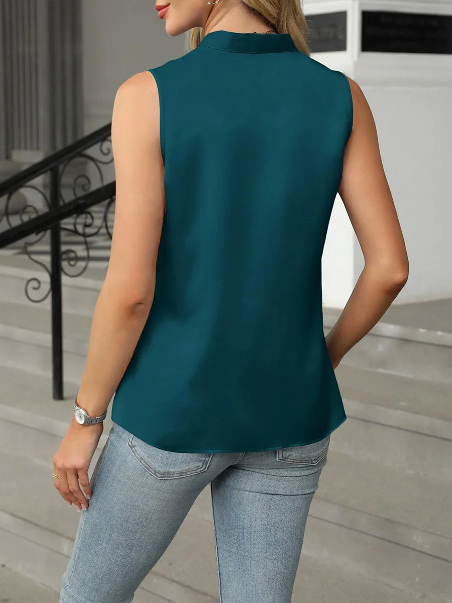 Bonboho 2026 Summer Women's Solid Color Satin V Neck Sleeveless Blouse Elegant Button Down Casual Office Work Tank Top Shirt