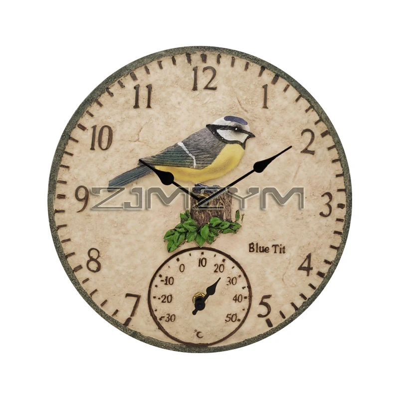 12 inch Retro Wall Clock, Bird Theme Display Thermometer Outdoor Waterproof Wall Clock, Decorative Clock with Battery Operated