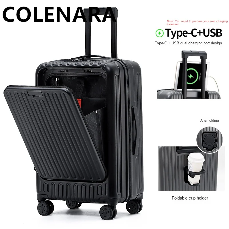 COLENARA-maleta de viaje de mano, caja de embarque con Apertura frontal, carga USB, maleta con ruedas universales, equipaje de 20, 24 y 26 pulgadas