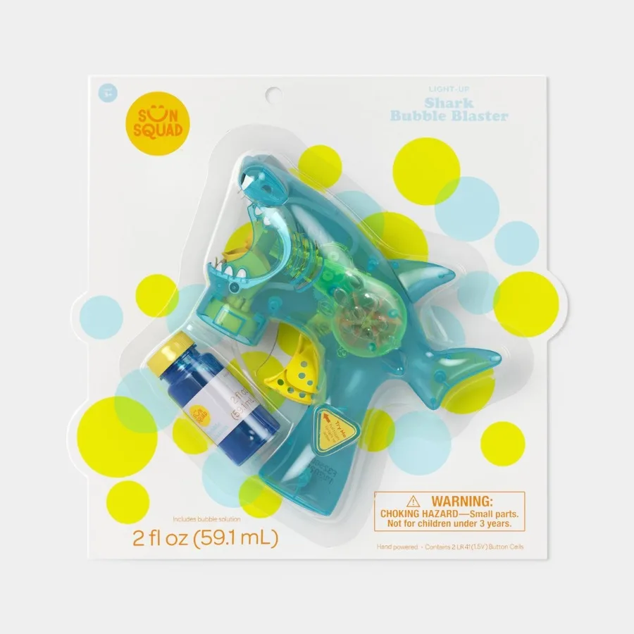 Light‑Up Shark Bubble Blaster, Blue/Yellow, Comes with 2 fl oz Bubble Solution, Kids Outdoor Bubble Toy