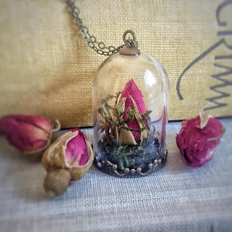 Red Rose Bud Necklace Glass dome bell jar Mori Girl Beauty Beast The Little Prince Terrarium Necklace women 2021 jewelry