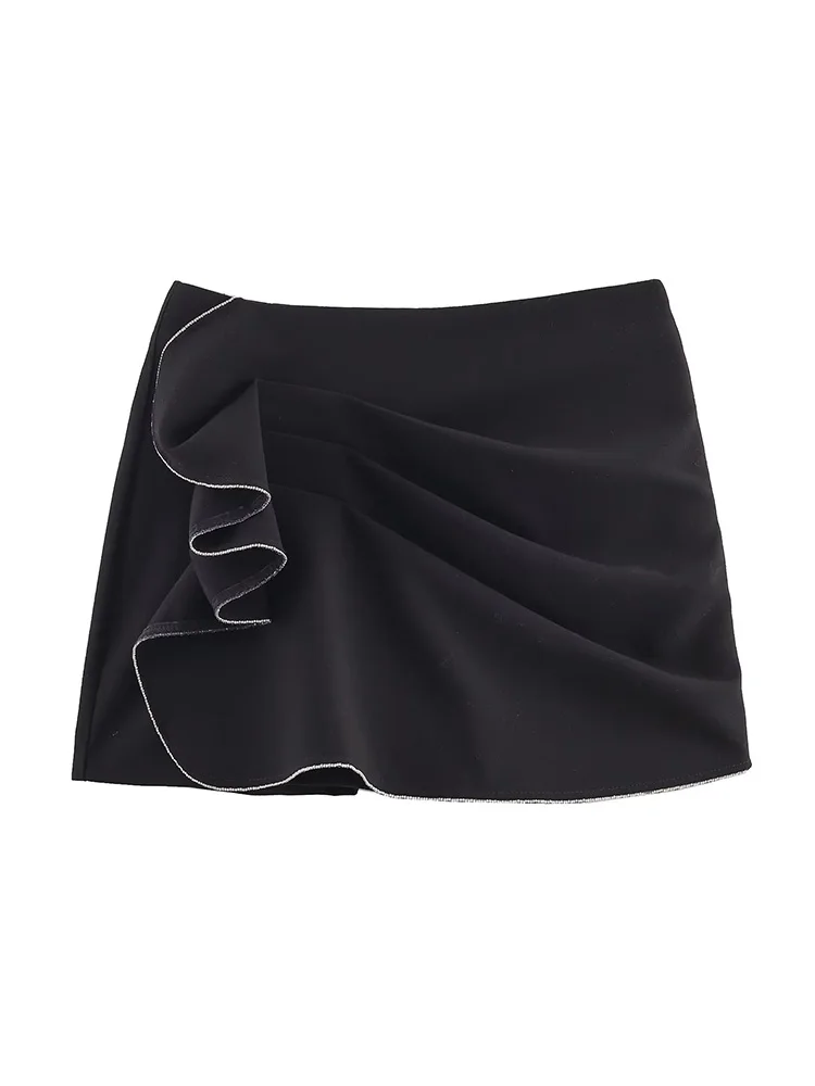 HH Summer Women Chic Zipper Slim Black High Street Culottes Female Culottes Asymmetric Ruffle Trim Fashion Casual Fashion Shorts
