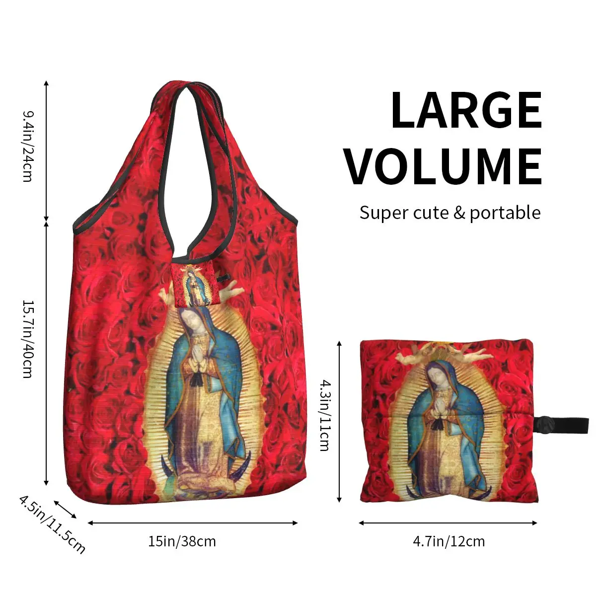 Custom Guadalupe Virgin Mary With Flowers Groceries Shopping Bag Shopper Tote Shoulder Bag Large Capacity Catholic Handbag