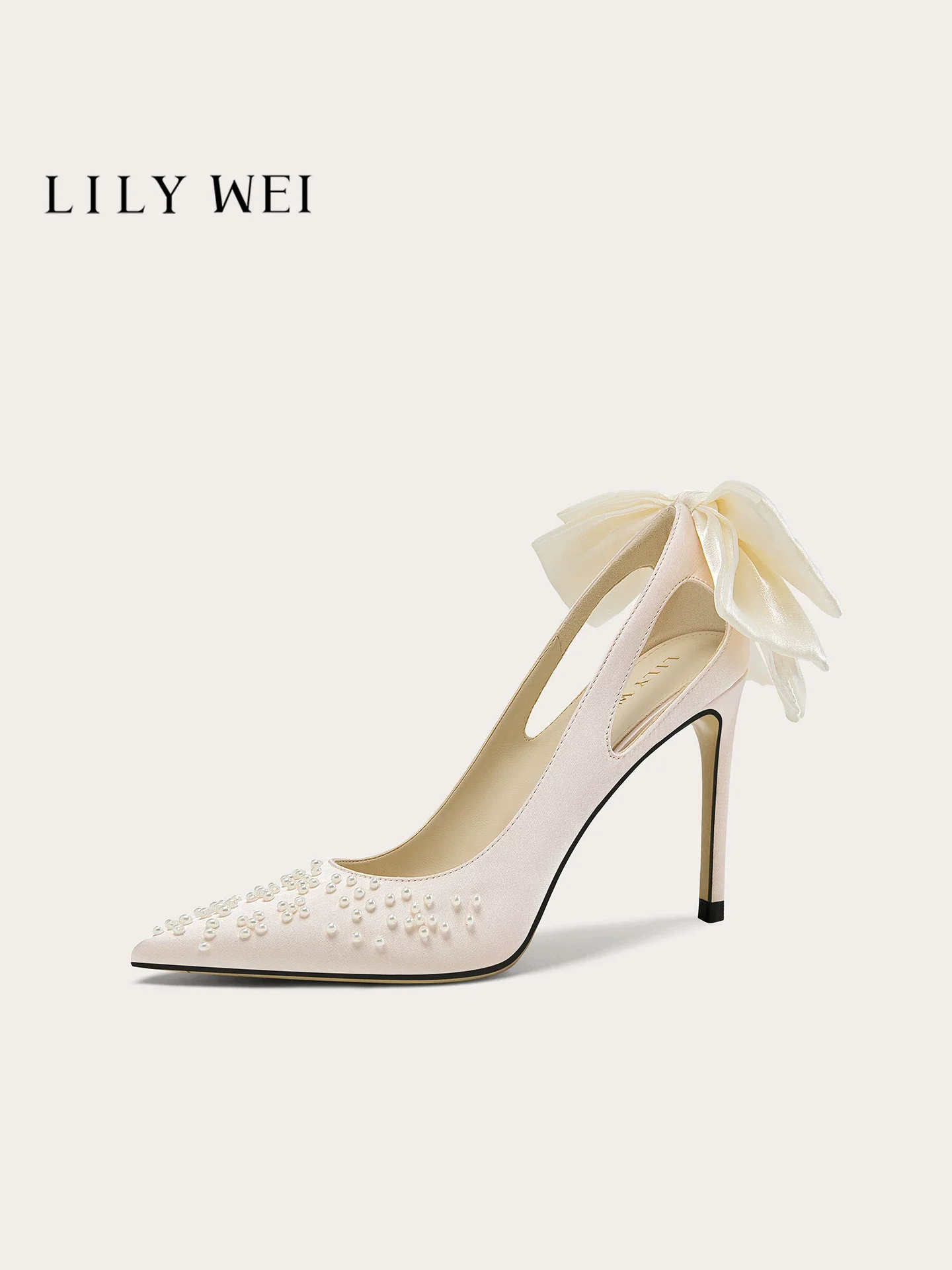 Spring new pointed shallow mouth silk ribbon bow pearl high heels banquet dress large size small size widened version women shoe