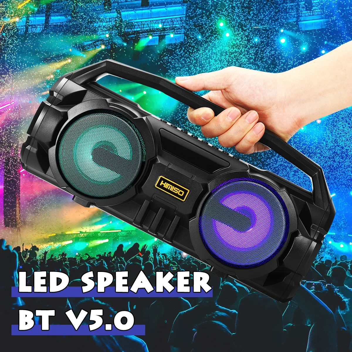 Portable Bluetooth 5.0 Speaker 10W Stereo Bass Colorful LED Light Loudspeaker with Mic