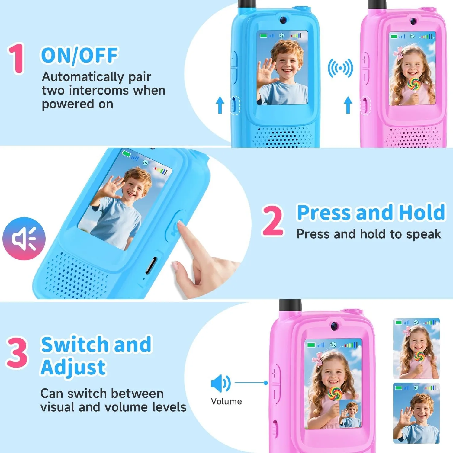 1 Paar Video Walkie Talkies voor Kinderen Oplaadbare Kids Walkie Talkies Lange Afstand Kerst Verjaardag Speelgoed Cadeaus voor 3-12 jaar