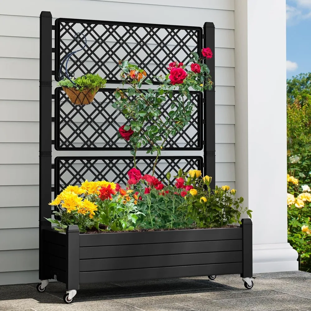 

Planter Box with Trellis and Lockable Wheels, Outdoor Resin Raised Garden Bed for Climbing Plants with Drain Plug