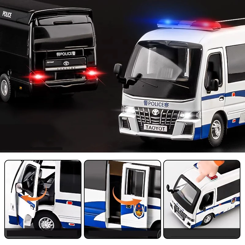 Coaster coche de policía de aleación fundido a presión, modelo de neumático de goma, luz de sonido, puertas traseras abiertas, juguete para niños, decoración de regalo de cumpleaños, 1:32