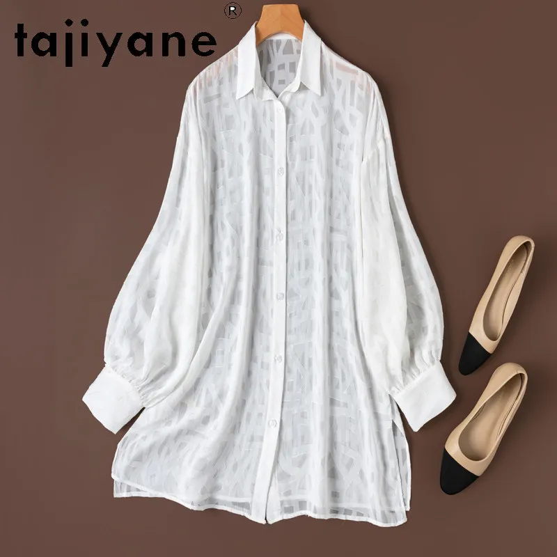 

TAJIYANE 100% шелковая белая рубашка из тутового шелкопряда для женщин, удлиненная, с длинным рукавом, весенняя, 2026