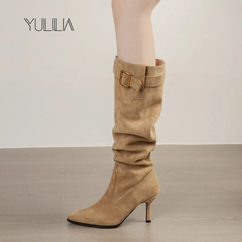 

YULILIA Designer Maillard Stacking Boots Suede Pointed Toe High Heel Knee High Boots Large Tube Suede Large Size Boots Women
