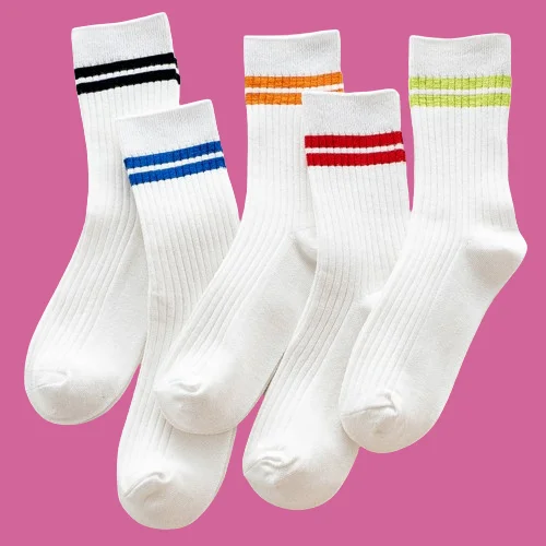 

5/10 Pairs Double-needle Striped Mid-tube Socks With Cuffs And Two Bars White Neutral Couple Socks Men's Cotton Socks