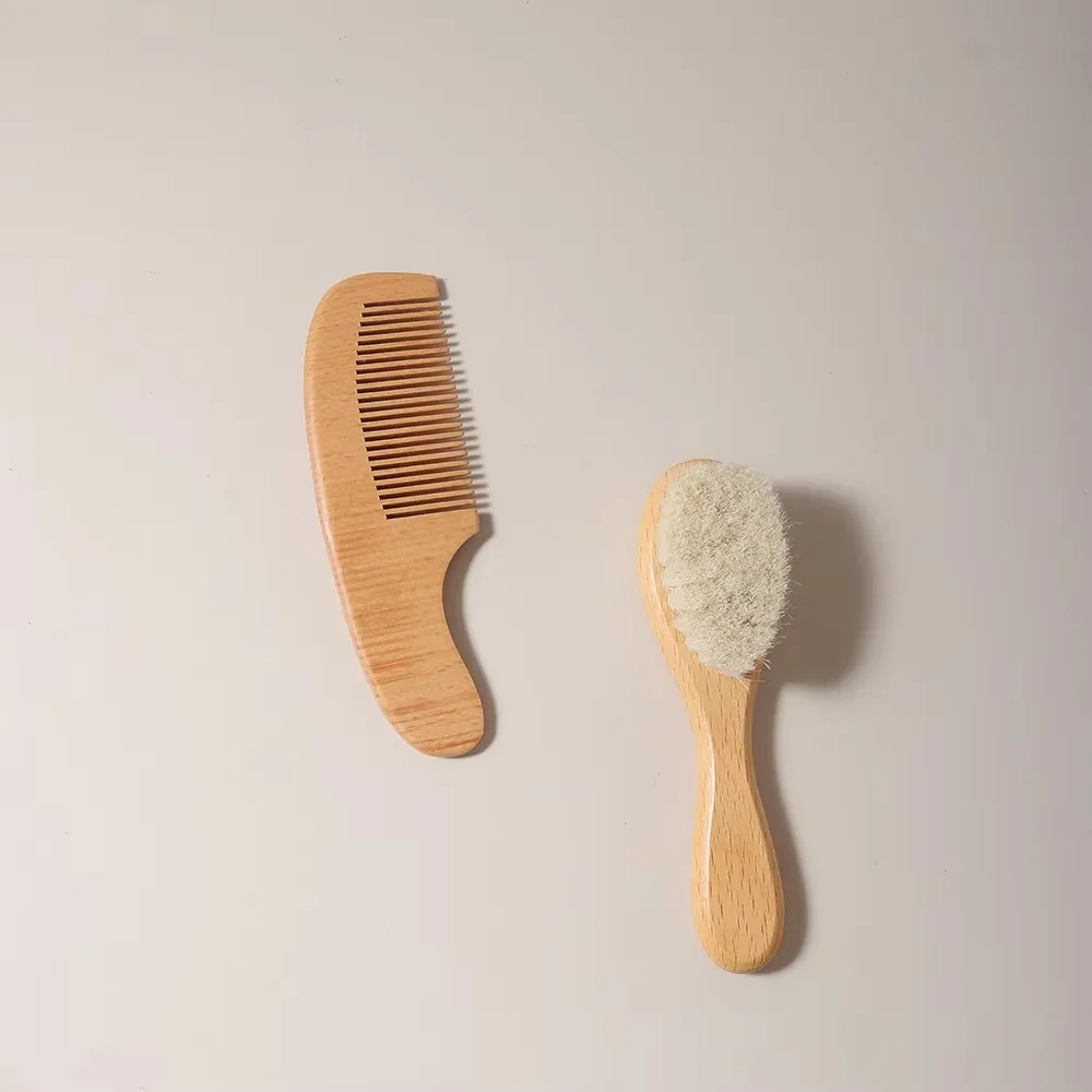 2pcs Baby Comb Set Baby Care Hair Brush Beech Soft Wool Wood Comb Newborn Massager Baby Shower And Gift Baby Hair Soothing