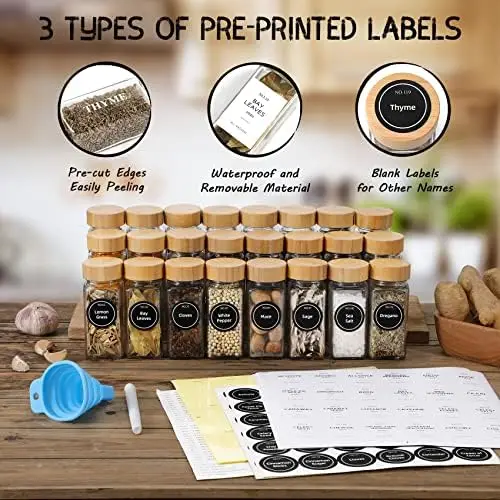 

NETANY 36 Pcs Glass Spice Jars with Bamboo Lids - 4 oz Minimalist Labels & Funnel for Kitchen Storage