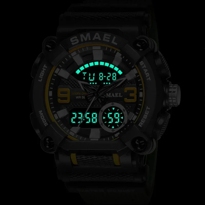 SMAEL Men Sports Watches Luxury Brand Military Waterproof Digital Quartz Watch Mens Dual Display Date Alarm Stopwatch Wristwatch