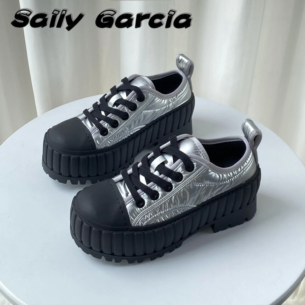 Genuine Leather Thick Bottom Punk Style Vulcanized Shoes Silver Round Toe Water Proof Vamp Flat Shoes Mixed Color Casual Shoes