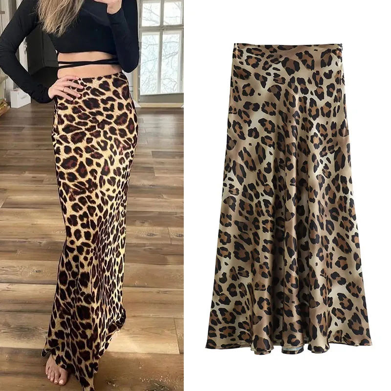 TRAF Leopard Print Skirt Women Vintage Midi Satin Skirt Woman Fashion High Waist Elegant Long Skirts For Women Summer Skirt