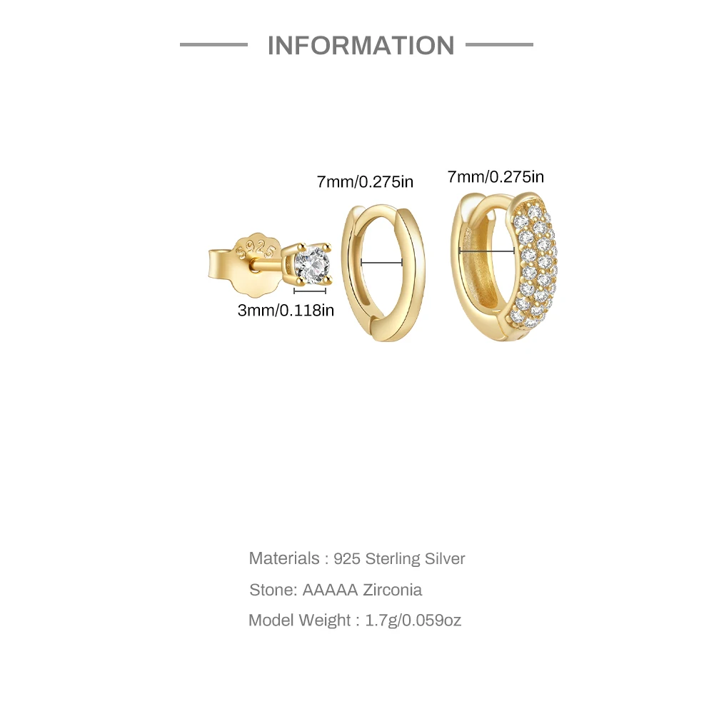 Aide Gold Stud Earrings Set for Women 3pcs Huggie Hoop Stack for Multiple Piercing Hypoallergenic 925 Sterling Silver Jewelry