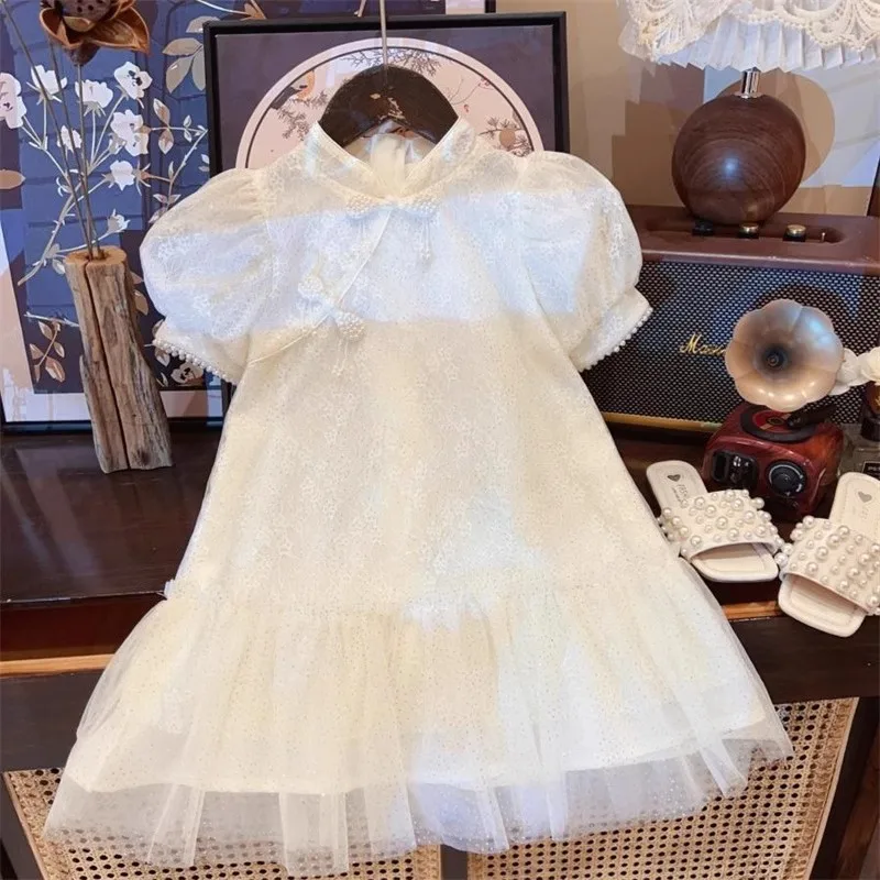 

TOY-Girls' Traditional Chinese Dress with Frog Buttons2025New Summer Outfit for Little Girls New Chinese Style Lace Dress Childr