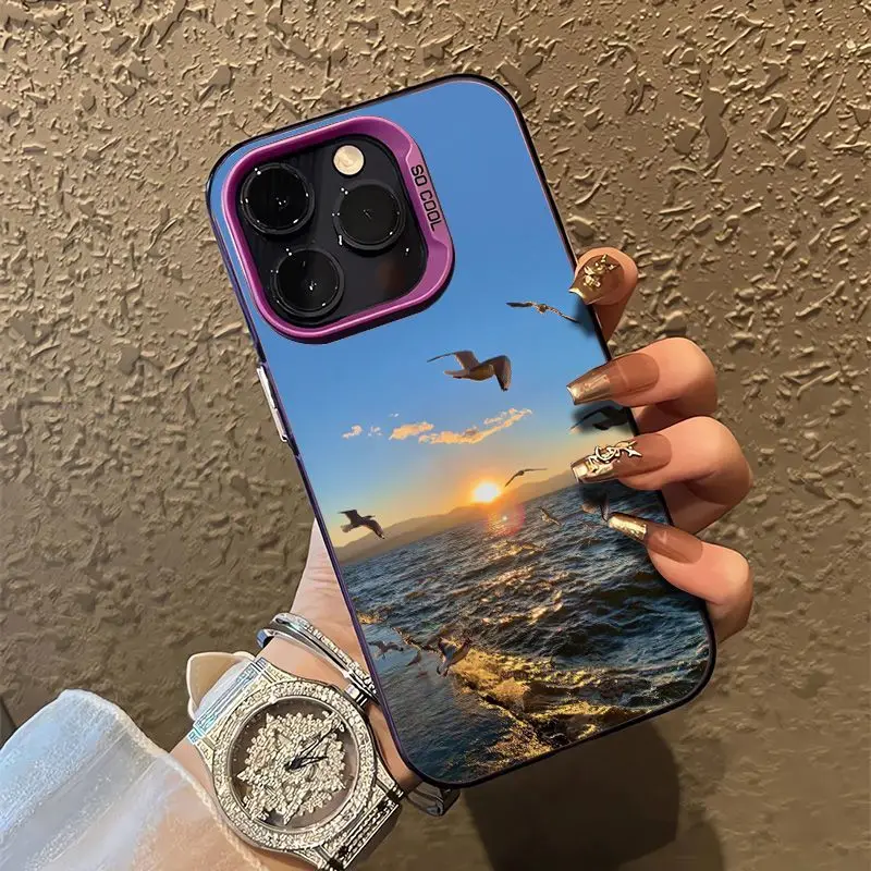 美的な夕焼けとカモメの海景 iPhone 16 15 14 13 12 11 PROMAX XSXR 7 8Plus用耐衝撃スマホケースカバー