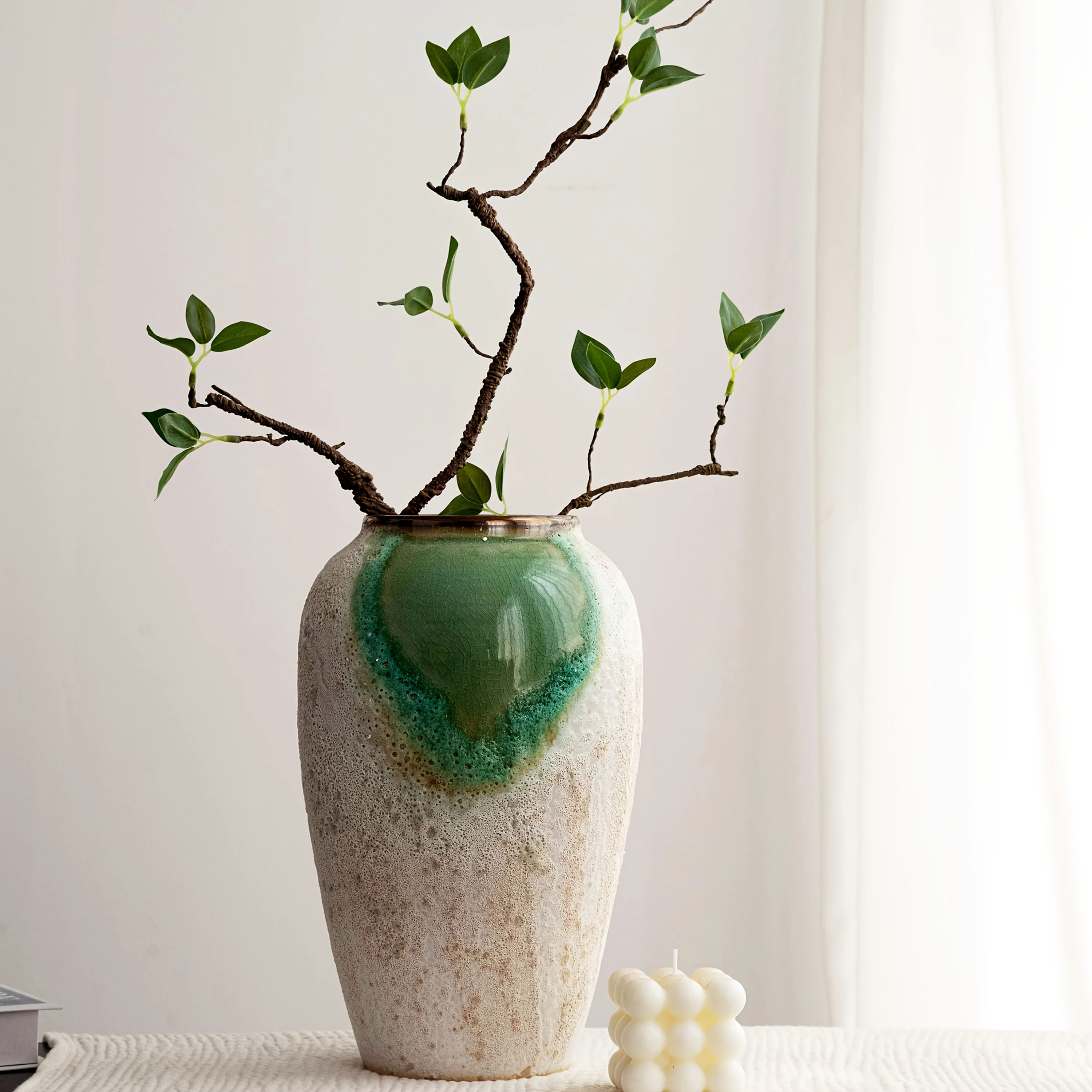 Fresh Green and White Textures for Home Decor Ceramic Vases for Floral Arrangements, Artistic Feel, Suitable for Gardens