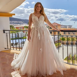 Sexy Wedding Dresses For Women V-Neck Plus Size Bride Gowns Applique Tulle Sleeveless Zipper A-Line Sweep Train Robe De Mariage