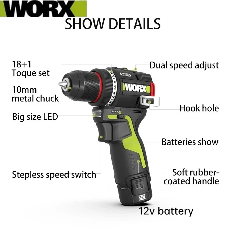 

WORX WU135 Cordless Electric Drill 12V 50Nm 1800rpm Brushless Motor for Home Improvement Carpentry Metalworking Smart clutch