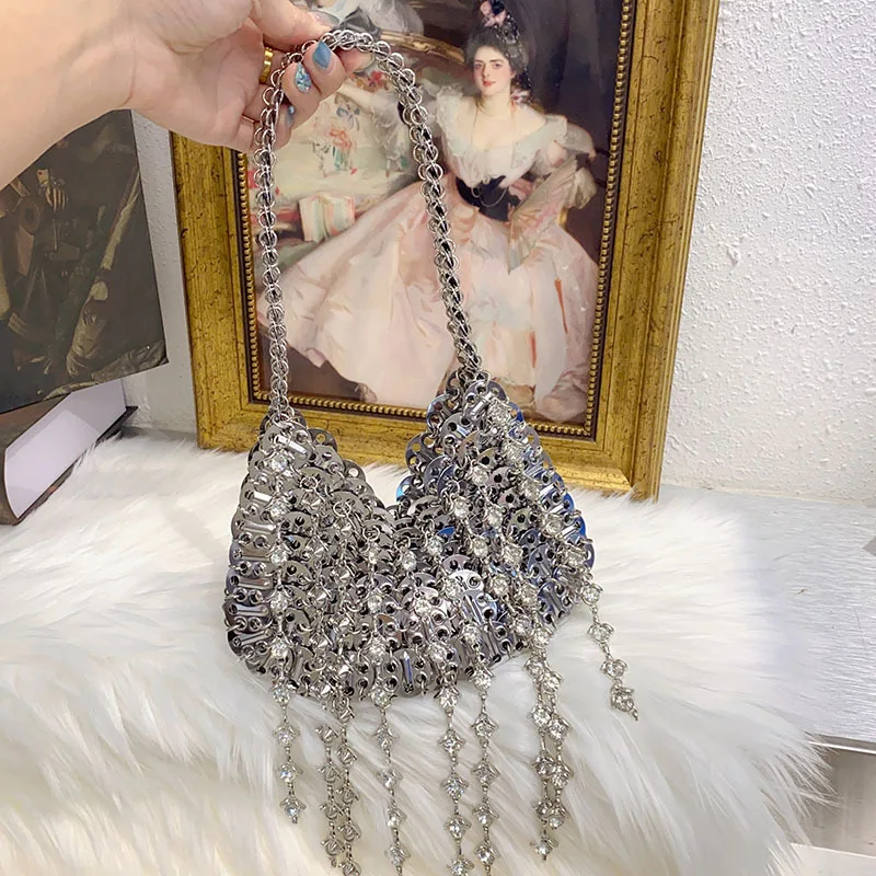 

Модная блестящая металлическая тканая сумка ручной работы с блестками, блестящая бриллиантовая кисточка, женская роскошная дизайнерская вечерняя сумка на плечо