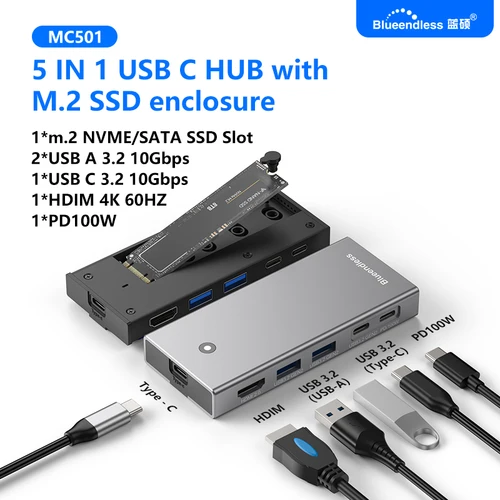 Blueendless m2 Sata/NVMe SSD carcasa USB C hub estación de acoplamiento para ordenador portátil 4K 60Hz HDMI-Com USB3.2 10Gbps PD100W SD/TF ssd