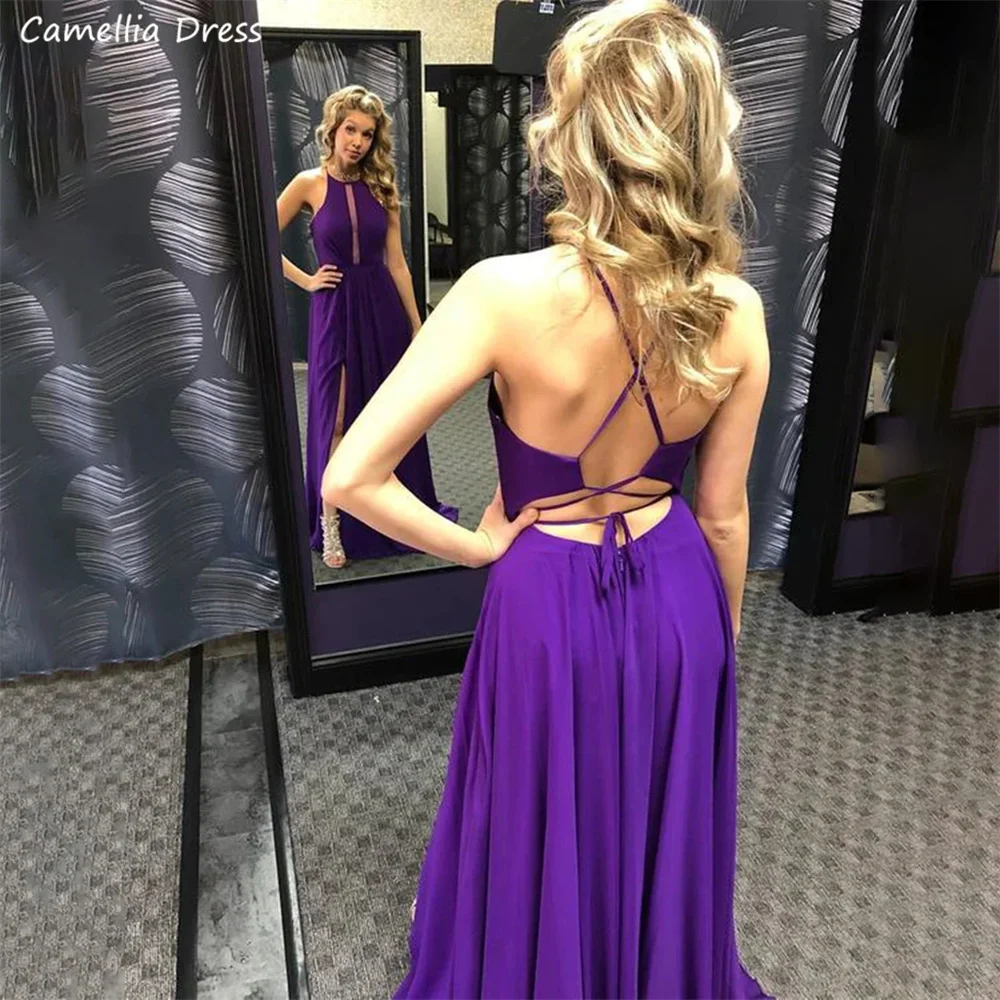 Simple Backless ชีฟองพรหมเซ็กซี่สูง Slit Party Gowns สีม่วงอย่างเป็นทางการสำเร็จการศึกษาชุดราตรีชุดคลุม De Soirée فستان سهرة