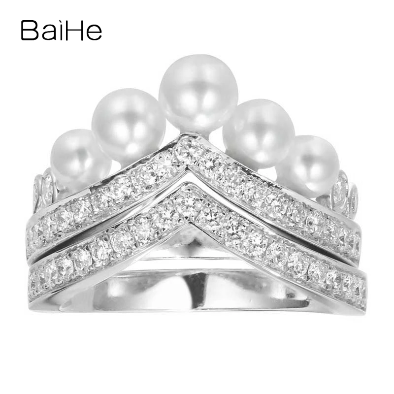 BAIHE Solid 14K White Gold Freshwater Pearl Diamond Crown Ring Women Party Trendy Wedding Engagement Fine Jewelry クラウンリング טבעת