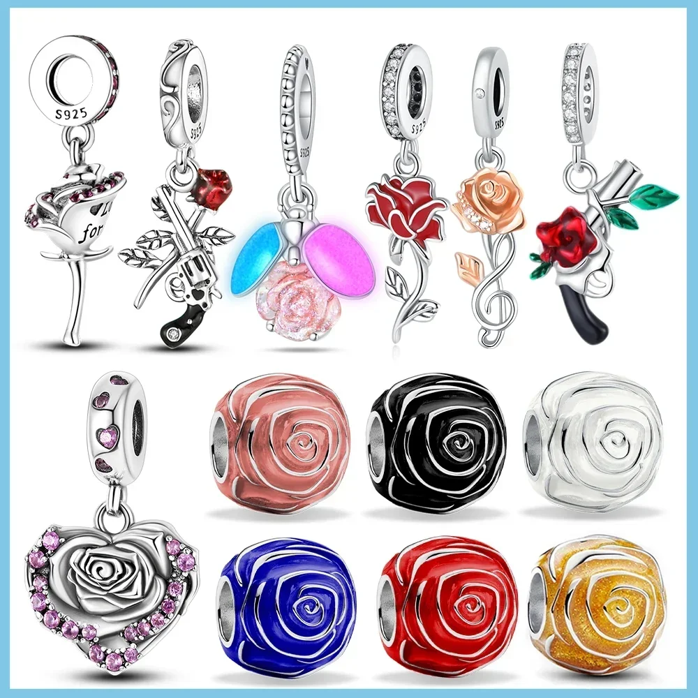 Sterling Silver 925 Grand Rose Bloom Collection Fit Original Charm Beaded Necklace Earrings Women's Jewelry Making Gift