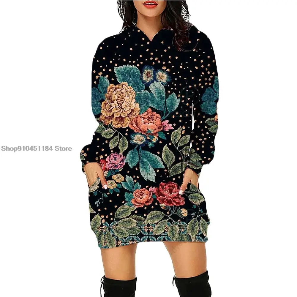 Autumn  Floral print for women Hooded Dress Long Sleeve Pullovers Fashion Medium Length Hoodie Casual Womens Hooded tops