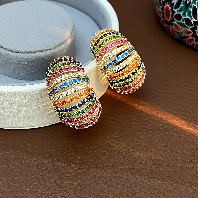 Light luxury semi-circular hollowed-out striped colored zircon geometric earring exquisite elegant women marriage jewelry