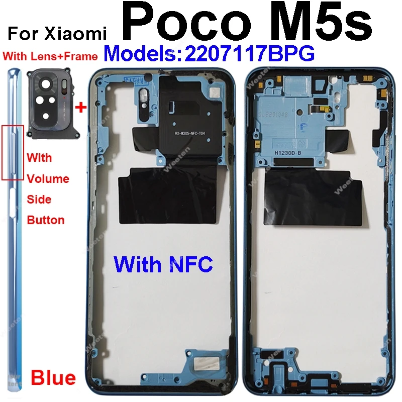 Middle Housing For Xiaomi Poco M5s With NFC Back Cover Housing Front Frame Chassis with Volume Buttons Replacement Repair Parts