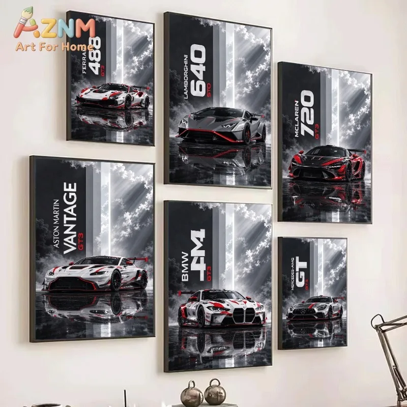 Frameless GT3 Race Supercar Canvas Wall Art Ferrari Lamborghini BMW Nissan Sports Car Poster Living Room Boys Room Home Decor