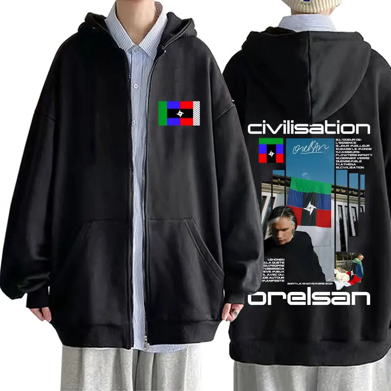 

Rapper Orelsan Civilisation Album Zipper Hoodie Men Women Hip Hop Fashion Pop Music Coat Male Casual Oversized Zip Up Hoodies