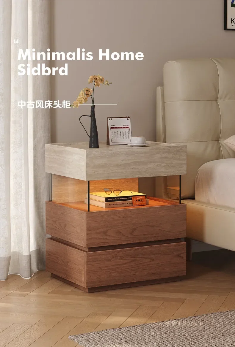 Modern minimalist bedside table in antique travertine solid wood storage with lamp