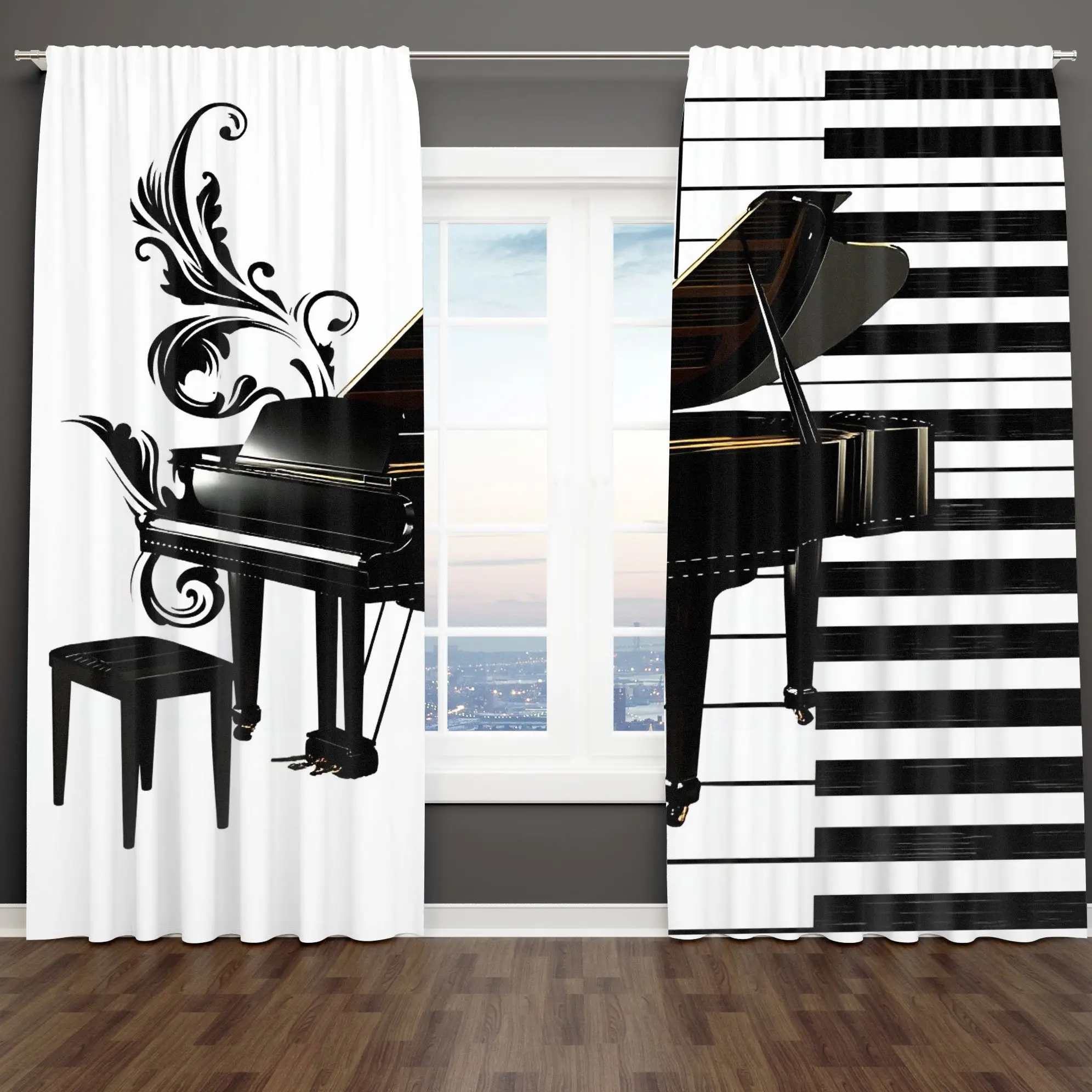Piano Music Note Blackout Curtain, Classical Grand Piano Keyboard Window Drapes, Black White Musical Instrument Decor for Living