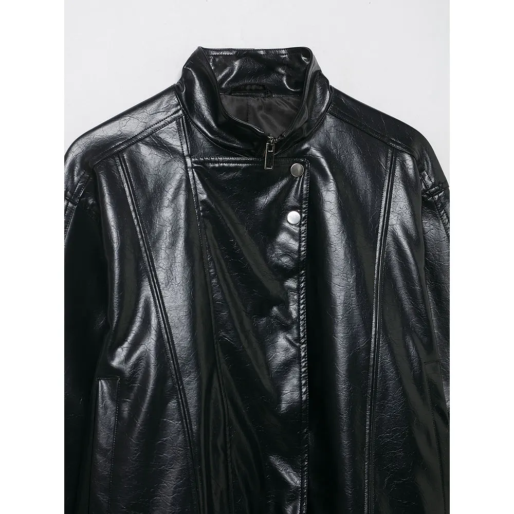 DUOPERI Moda donna PU Giacche nere Casual collo alto maniche lunghe Donna Chic Lady Cappotti Abiti
