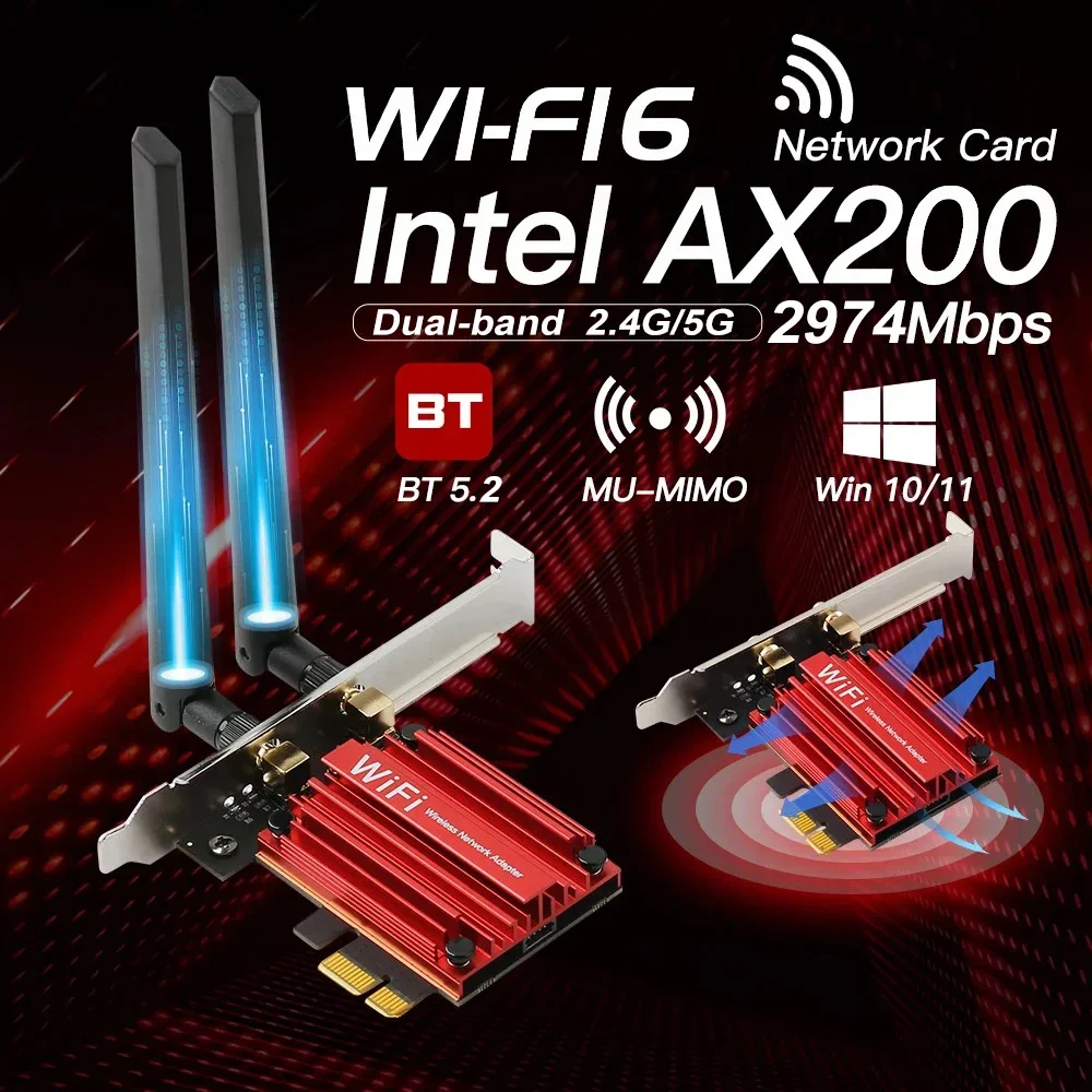 Carte Wifi 6 AX200 pour PC Windows 2974, 5.2 Mbps, Bluetooth 2.4, pour touristes, bande 10/11G/5G, adaptateur PCIe sans fil, stérilisation,