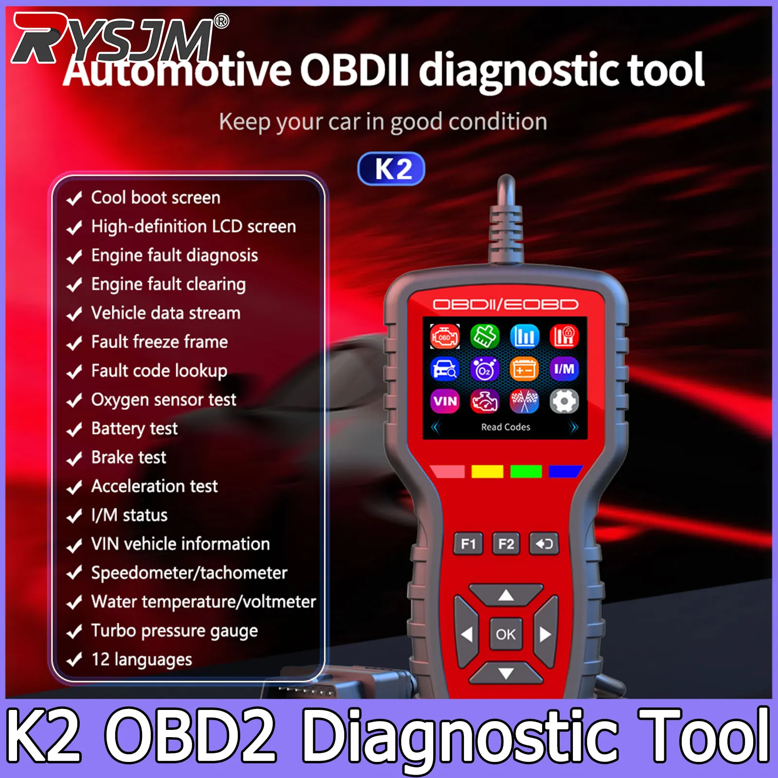 K2 OBD2 Fault Code Reader ,  Scanner Car Diagnostic Tool for EOBD Cars, Read Engine Fault Codes Engine Instrument Performance