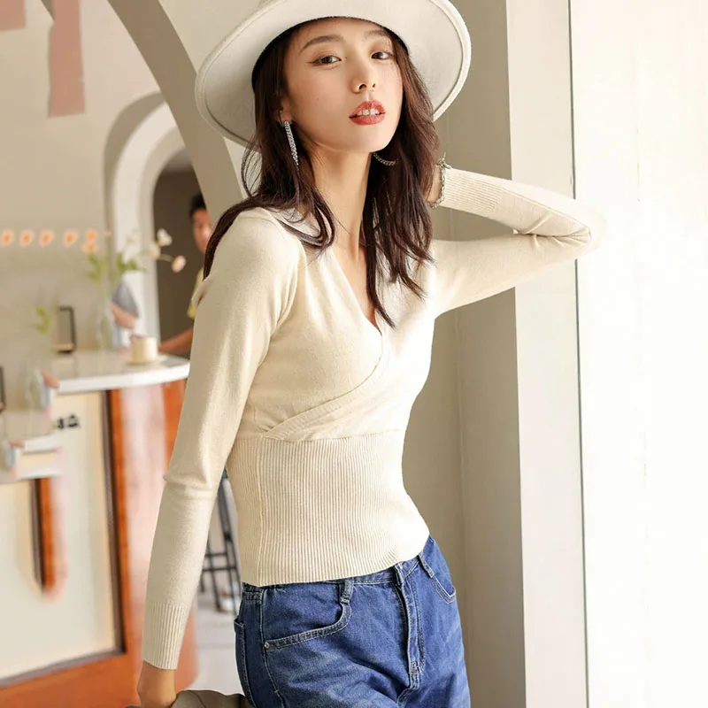 New V-neck Knitted Sweater Pullovers Woman Autumn Winter Thin Long Sleeved Solid Knitwear Korean Chic Slim Short Jumper Tops